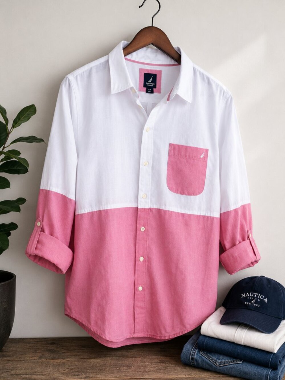 Nautica Jeans Men's Large Pink White Colorblock Button Up Shirt Cotton Preppy